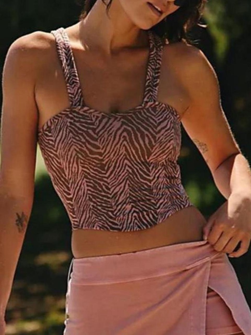 NWOT M/L FP Movement Free People Pink Brown Zebra-Print Crop Flutter Kick Tank